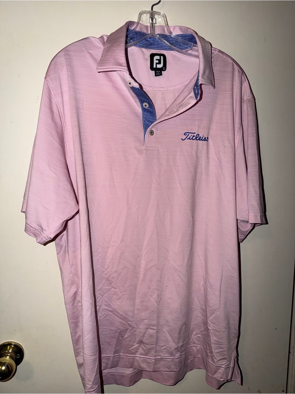 Titleist FootJoy Men's Light Pink Polo with Blue Trim